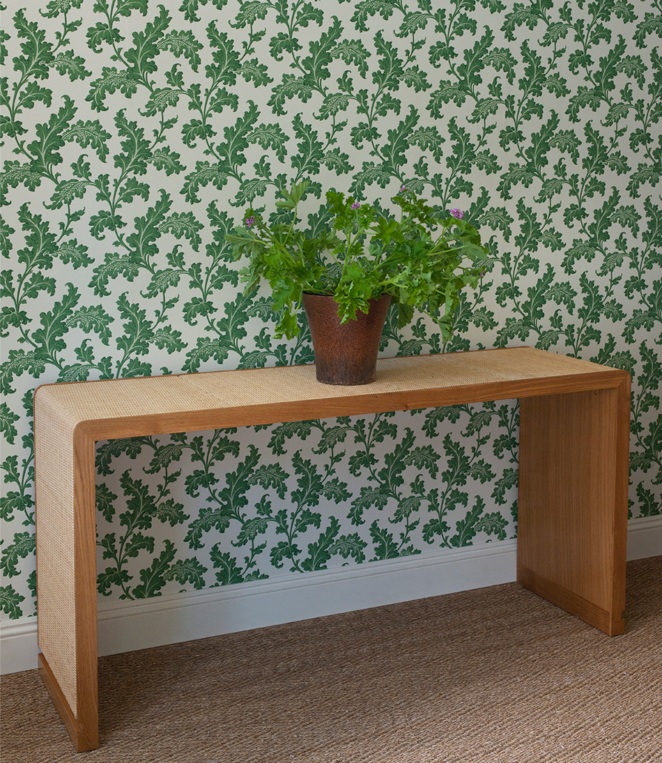 Scrolling Acanthus Frond Wallpaper - Emerald - The Rattan Templeton Console - 950x1095