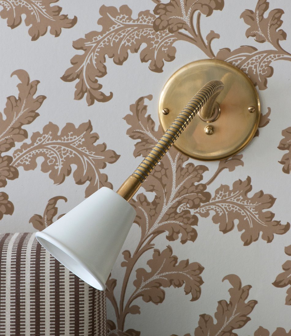 Scrolling Acanthus Frond Wallpaper - Sepia - The Argo Flexi Wall Light - with Porcelain 950x1095