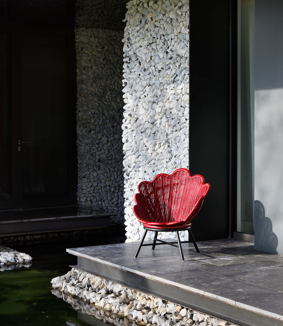The Rattan Venus Chair on Forged Metal Base - Lacquer Red Rattan - 950x1095