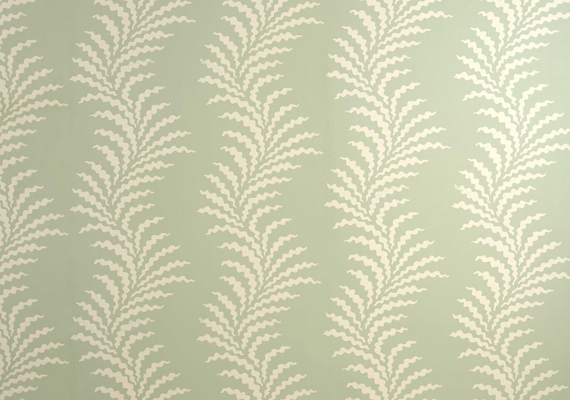 Scrolling Fern Frond Wallpaper - Cream On Duck Egg Blue
