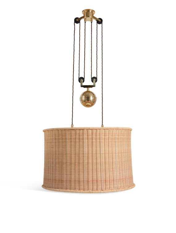 The Double Rise And Fall Ceiling Light - With Rattan Drum Shade