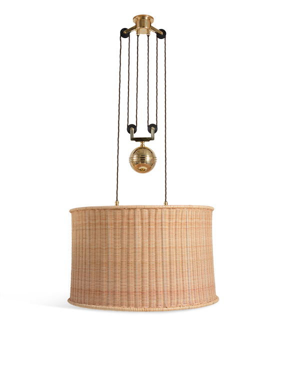 The Double Rise And Fall Ceiling Light - With Rattan Drum Shade