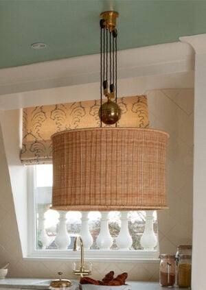 The Double Rise And Fall Ceiling Light - With Rattan Drum Shade: lifestyle