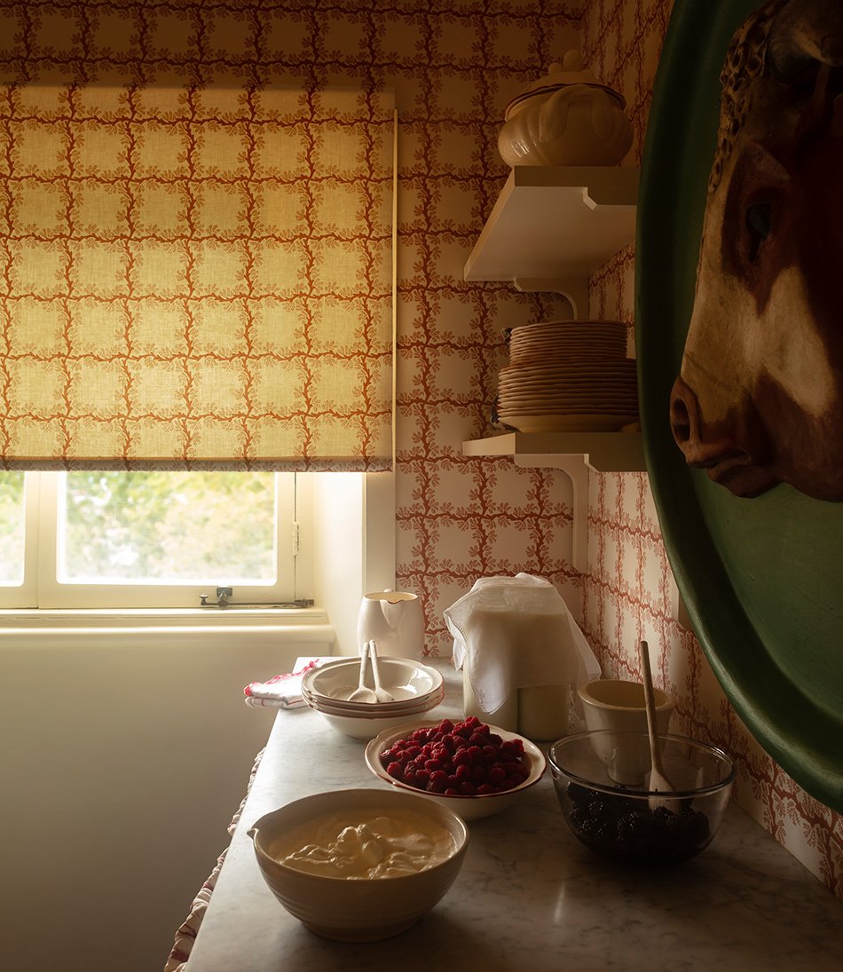 Espalier Square Terracotta Wallpaper with a matching shade