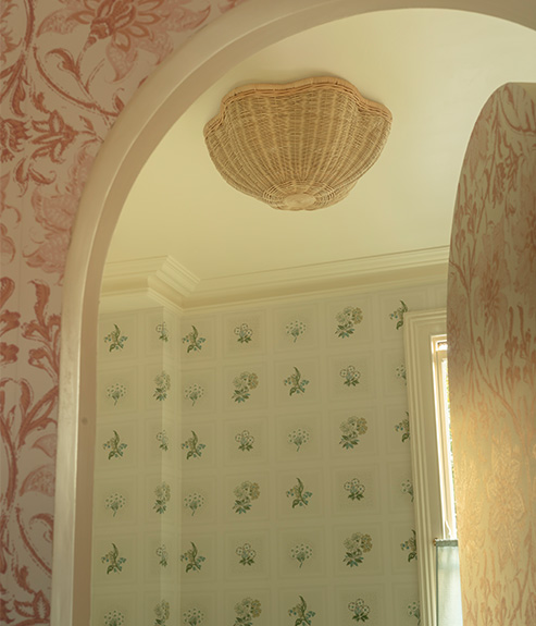 Linnaeus Original Wallpaper and rattan ceiling light