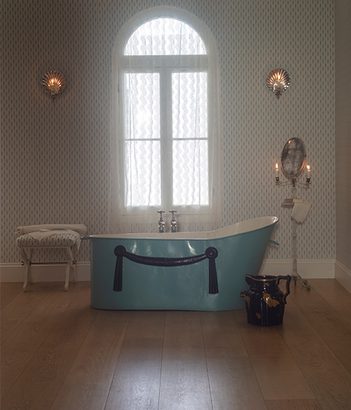 Alexis stool in blue and white and fabric in a bathroom 