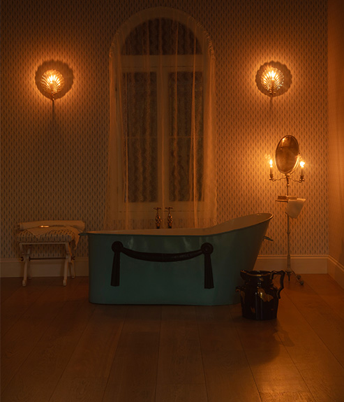 Alexis stool in blue and white and fabric in a bathroom 
