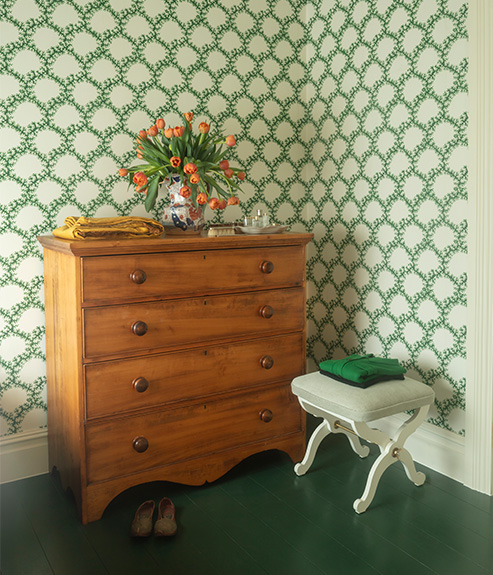 Alexis stool in pale blue with white and green wallpaper