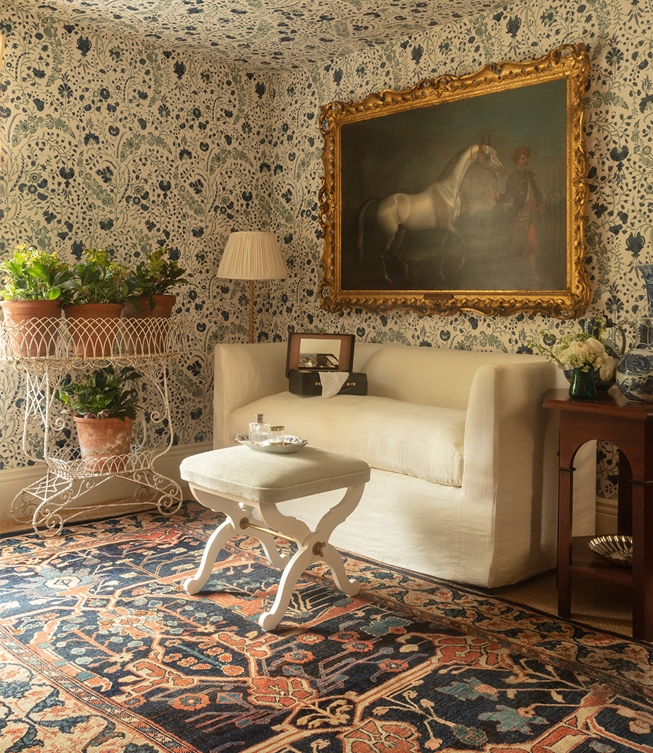 Alexis Stool in a pale blue with blue and white floral wallpaper
