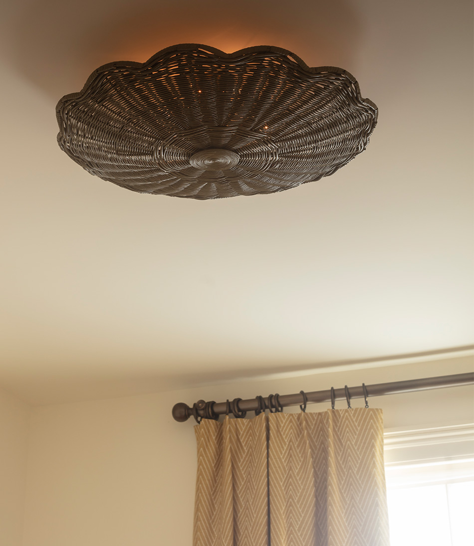 The Rattan Scallop Flush Ceiling Light Large with yellow curtains