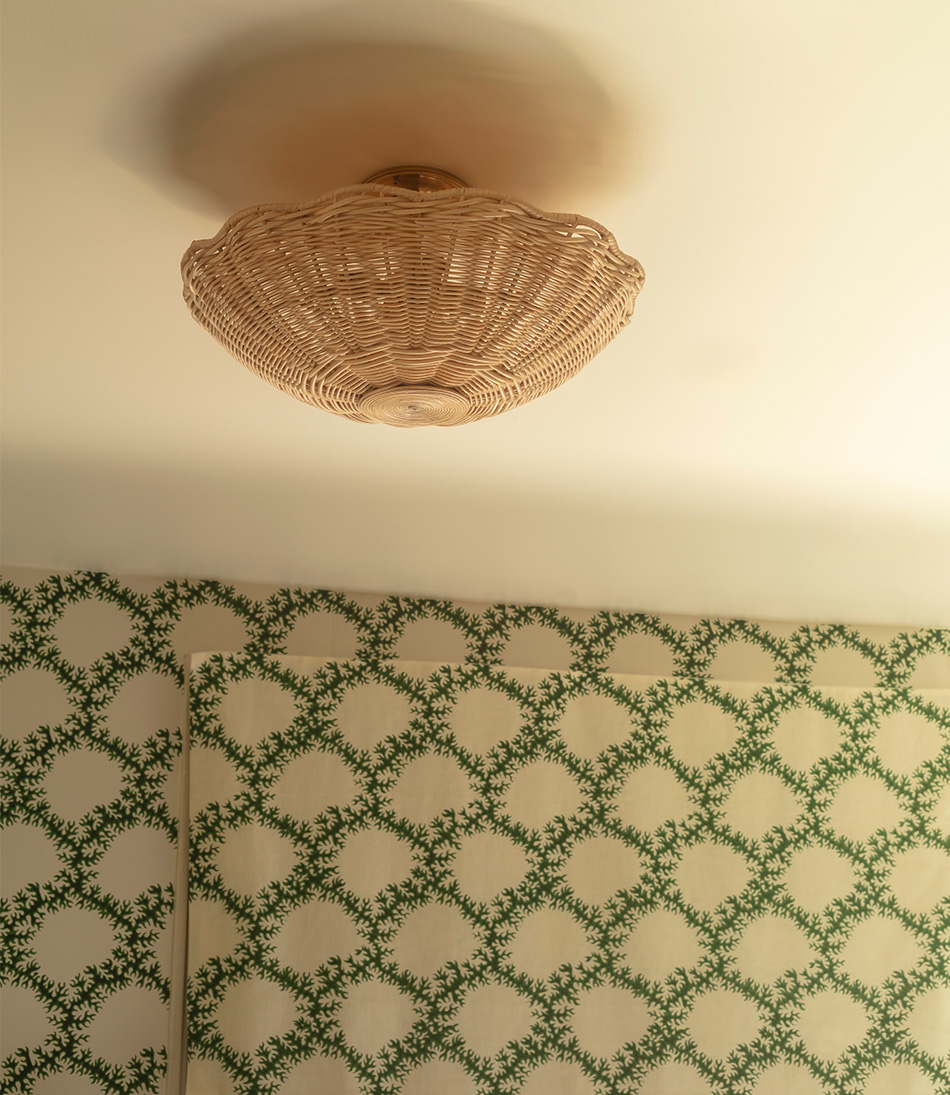 The Rattan Flush Ceiling Light small with some green and white shades and matching wallpaper 